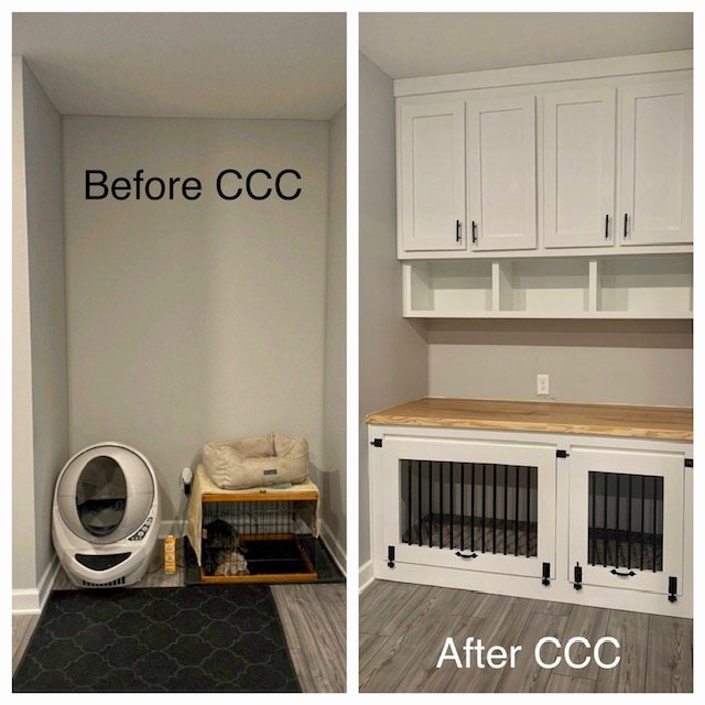 Before and after: an empty corner with a litter box, then a built-in dog kennel cabinet with a butcher-block top and upper cabinets